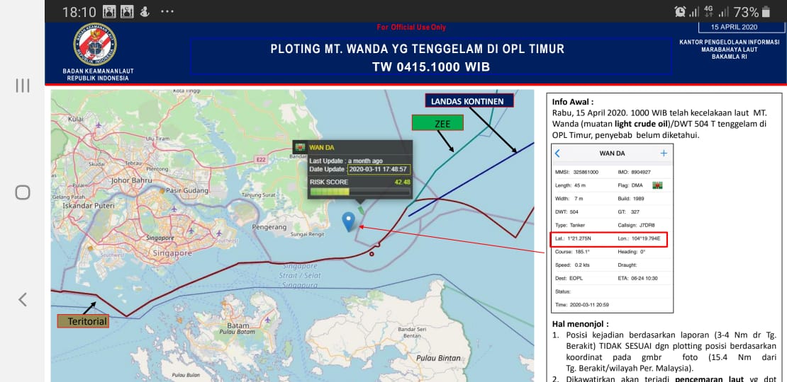 MT Wan Da Berbendera Dominika Tenggelam, Bakamla RI kirim KN Belut Laut-406