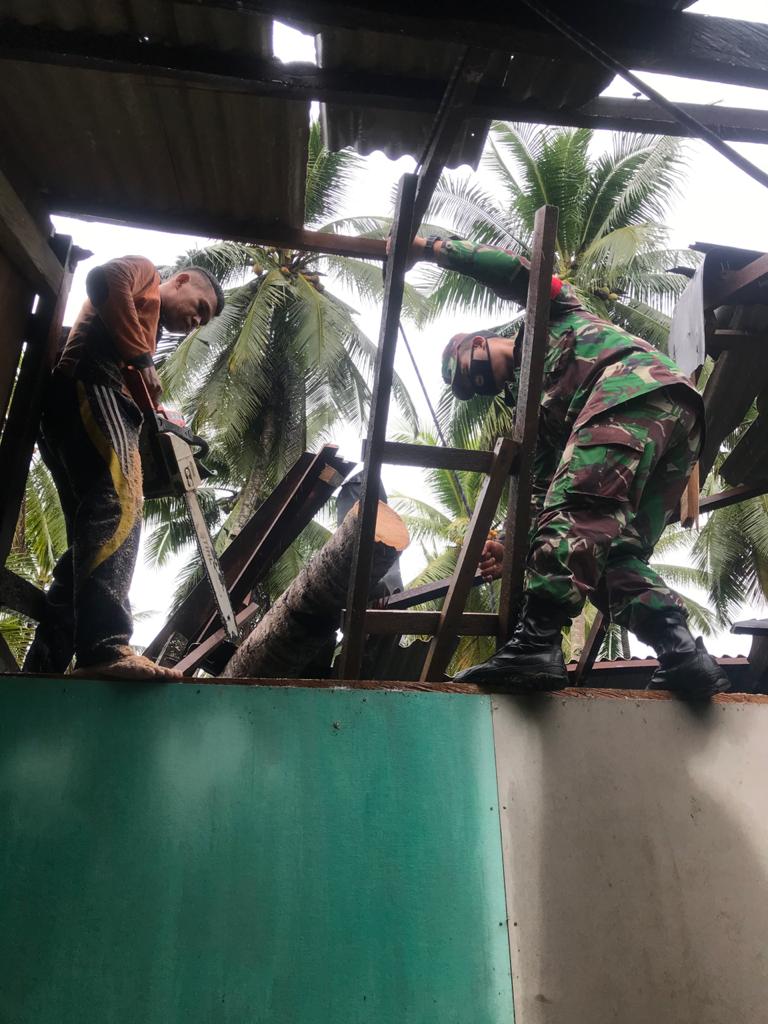 Cepat dan Tanggap, Babinsa Panajam Bantu Evakuasi Rumah Warga yang Tertimpa Pohon Kelapa