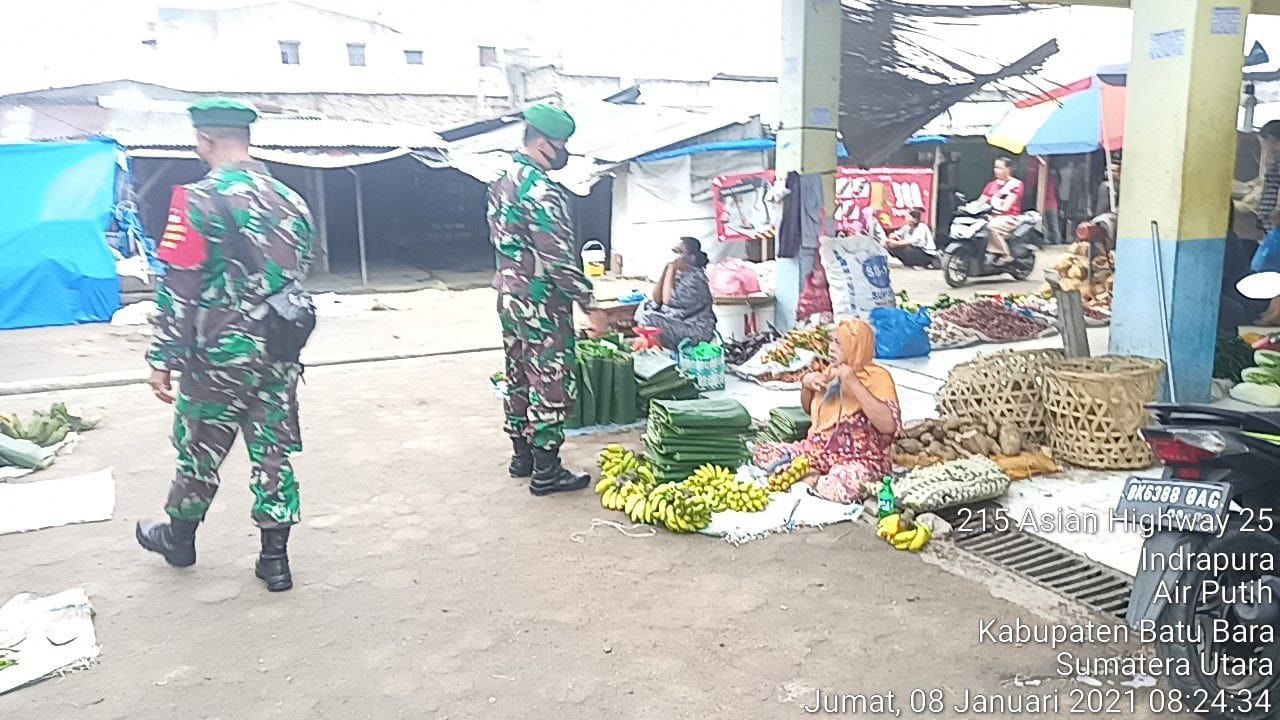 Pengamanan Disiplin Mandiri Covid-19 di Pajak Delima Indrapura Dilaksanakan Personel Jajaran Kodim 0208/Asahan