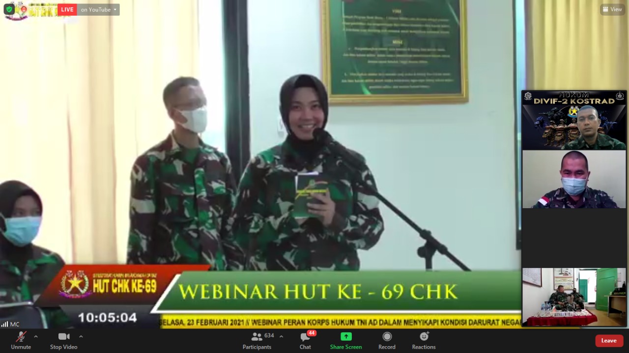 Menyambut HUT Korps CHK Ke-69, Staf Hukum Divif 2 Kostrad Mengikuti Webminar